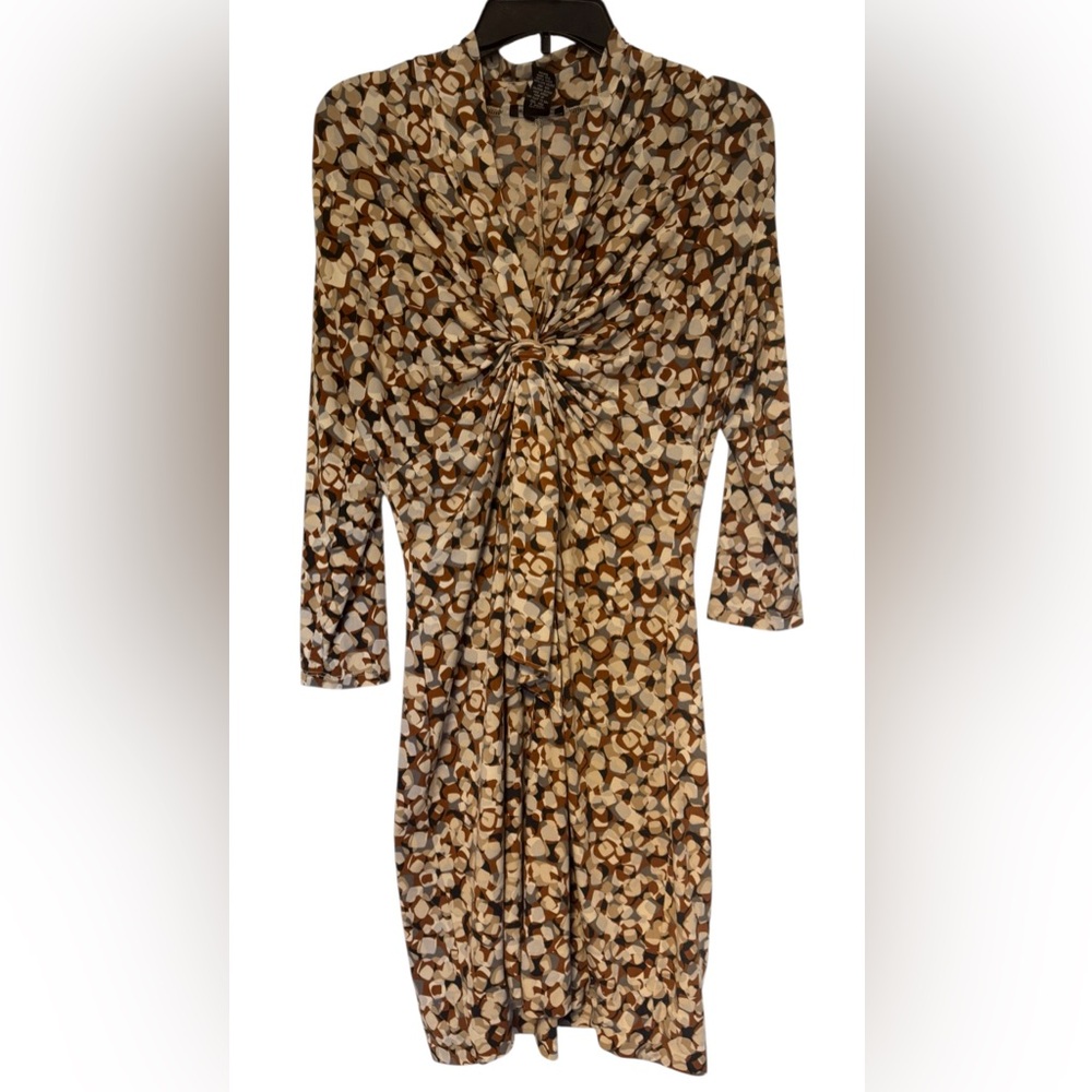 New York & Company Brown and Cream Abstract Print Stretch V-Neck Dress SzM